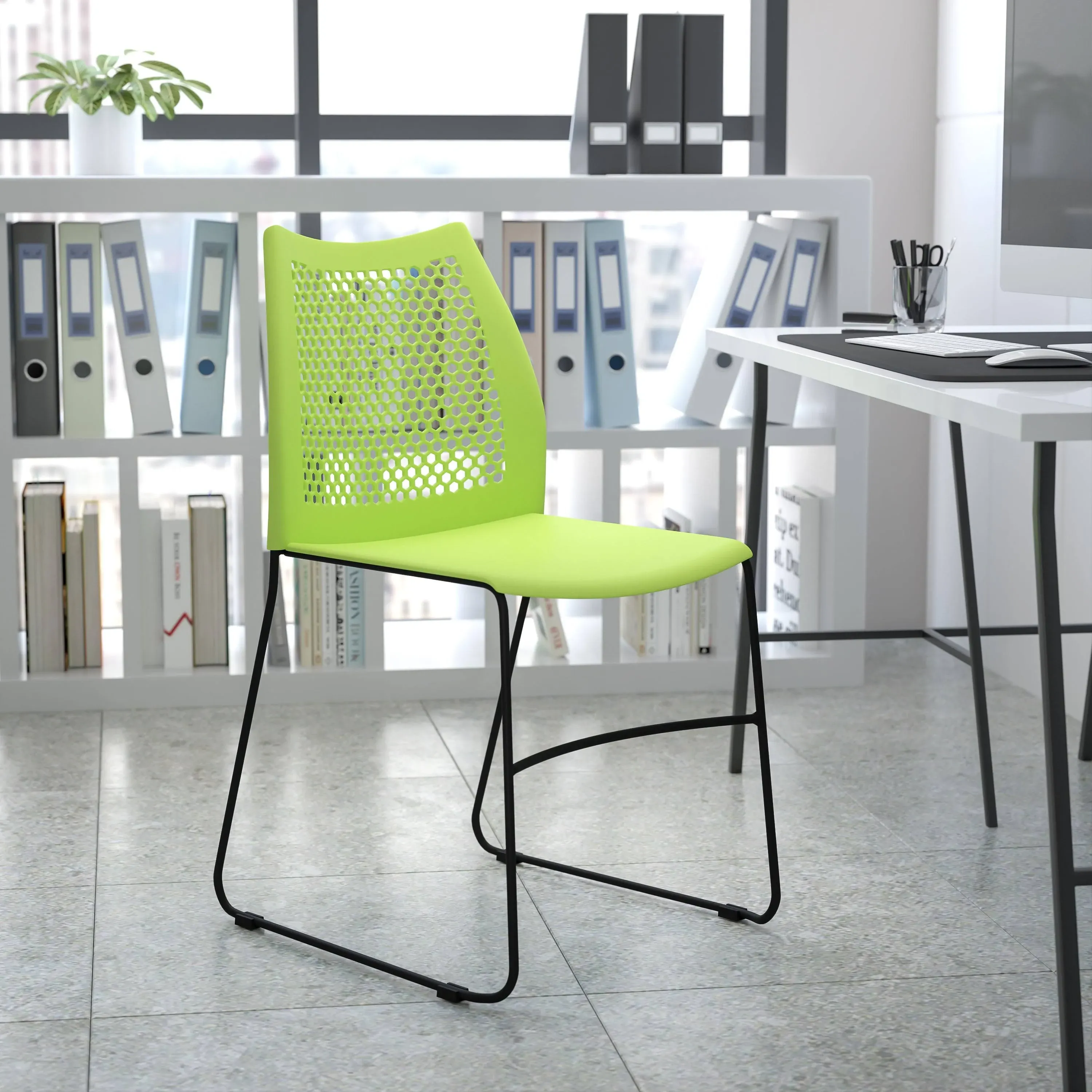 Hercules Series 661 lb. Capacity Green Stack Chair with Air-Vent Back and Gray Powder Coated Sled Base