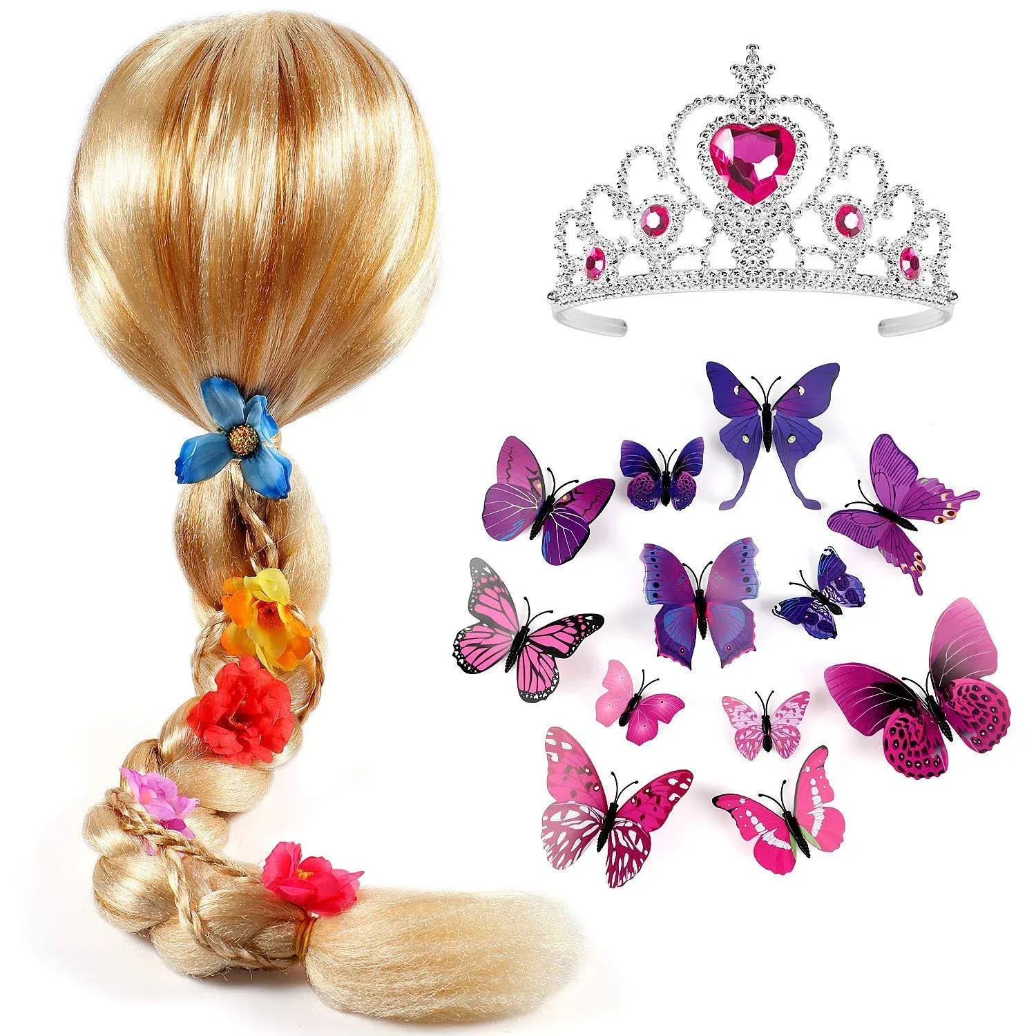 Tacobear Rapunzel Wig for Kids Girls Long Blonde Wig with Princess Tiara Crown Flower Butterfly Pin, Rapunzel Dress up Costume Accessories Halloween Christmas Party Hair