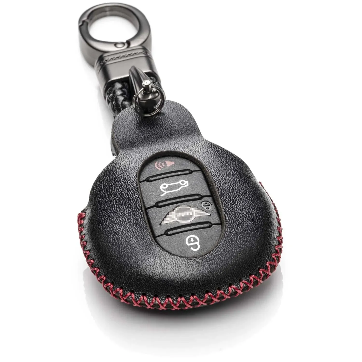 Vitodeco Genuine Leather Smart Key Fob Case Cover Compatible with MINI Cooper, Clubman, Hardtop, CONVERTIBLE, Countryman 2025 (3 or 4 Buttons, Black/Red)