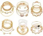 IFKM 6 Pack (24 Pcs) Boho Gold Chain Bracelets Set for Women, 14K Gold Plated Multiple Layered Stackable Open Cuff Wrap Bangle Adjustable Link