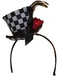 Checkered Mini Top Hat Headband with Feathers & Flower