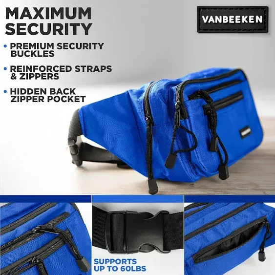 VAN BEEKEN Waterproof Fanny Packs for Women - Fanny Pack for Men - Mens Fanny Pack - Waist Bag - Waist Pack for Hiking Travel & Running - Large Travel Fanny Pack - Includes Extension Strap