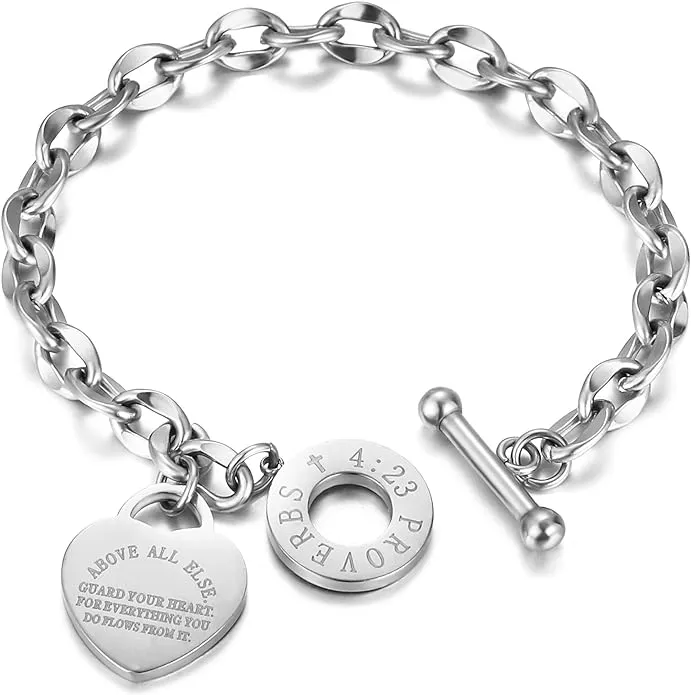 Stainless steel charm bracelet with engraved Bible Proverbs 4:23 on heart charm