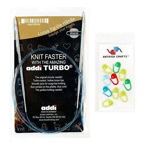 addi Turbo Original 12 inch (30cm) US 04 (3.5mm) Circular Knitting Needle Slick & Smooth Finish, Standard Taper & Tips, Smooth Joins, Blue Pliable Cord Bundle with 10 Artsiga Crafts Stitch Markers