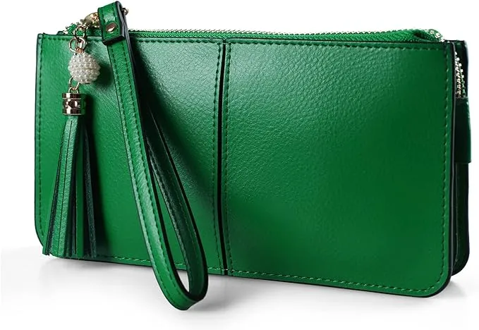 Women&#039;s Green Leather Wristlet Clutch Cell Phone Wallet Purse for Women, Mult...