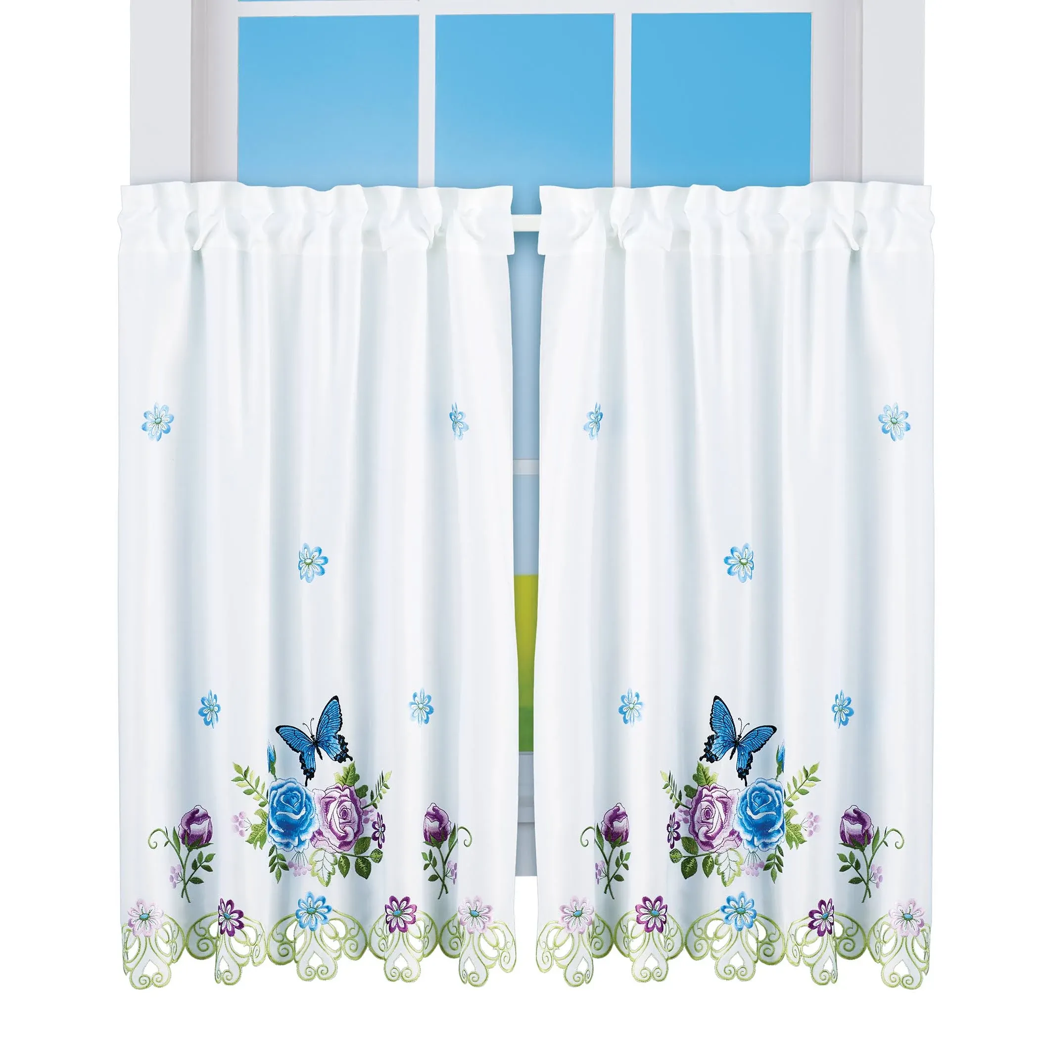 Collections Etc Unisex Adults Beautiful Blue Butterfly Window Curtains with Cutout Border 36"L Tiers