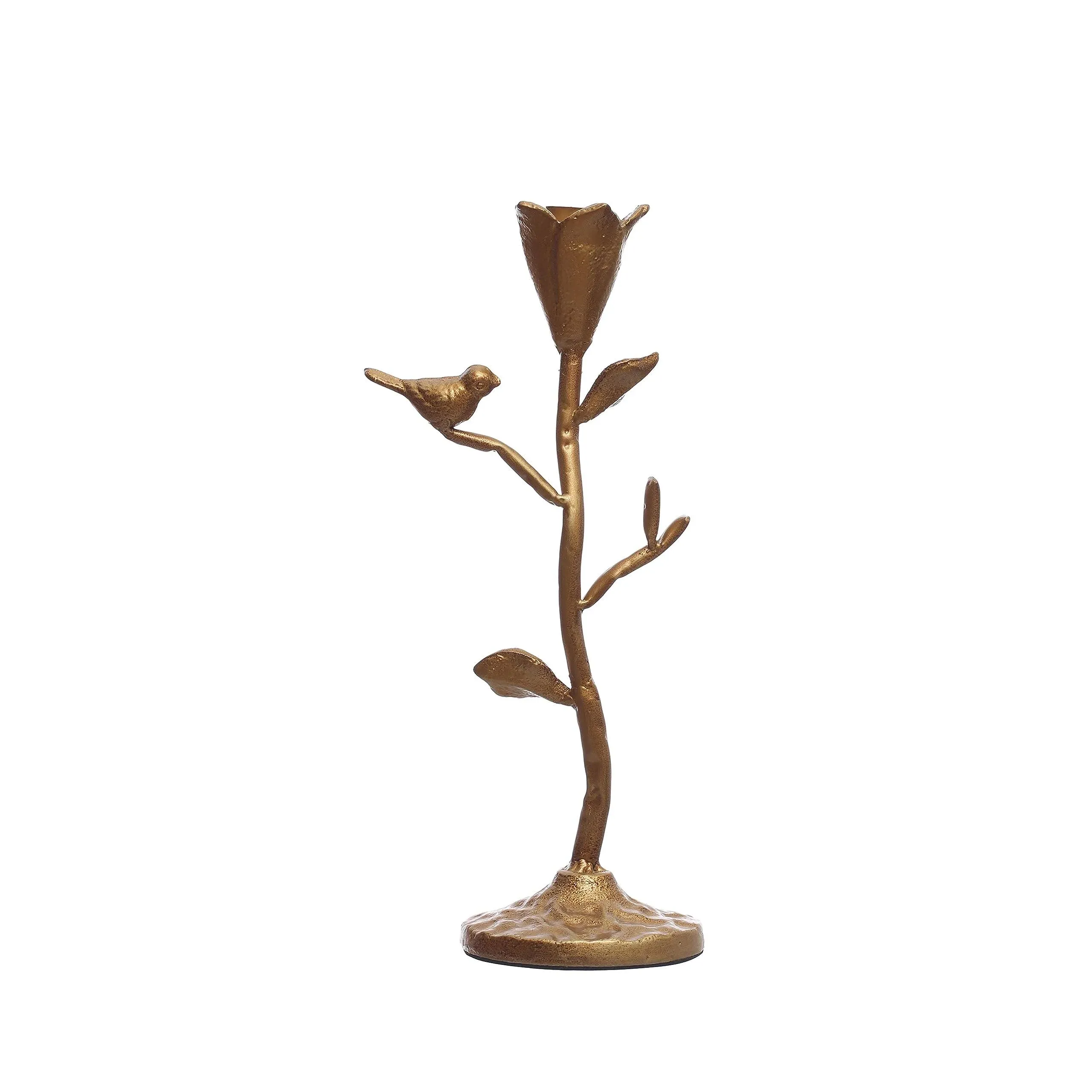 Creative Co-Op Hand-Forged Cast Iron Candelabra with Flowers and Bird, Gold Taper Holder