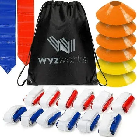 WYZworks - 12 Player Adjustable Football Flag Kit Set with D-Ring Closure –36 pieces (18 Red and 18 Blue Flags) + 6 Cones + Travel Bag - Kids and Adults Outdoor Sports Training Equipment