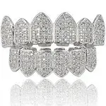 JINAO 18K Gold Plated Macro Pave CZ Iced-Out Grillz with Extra Molding Bars Included (Silver Set)