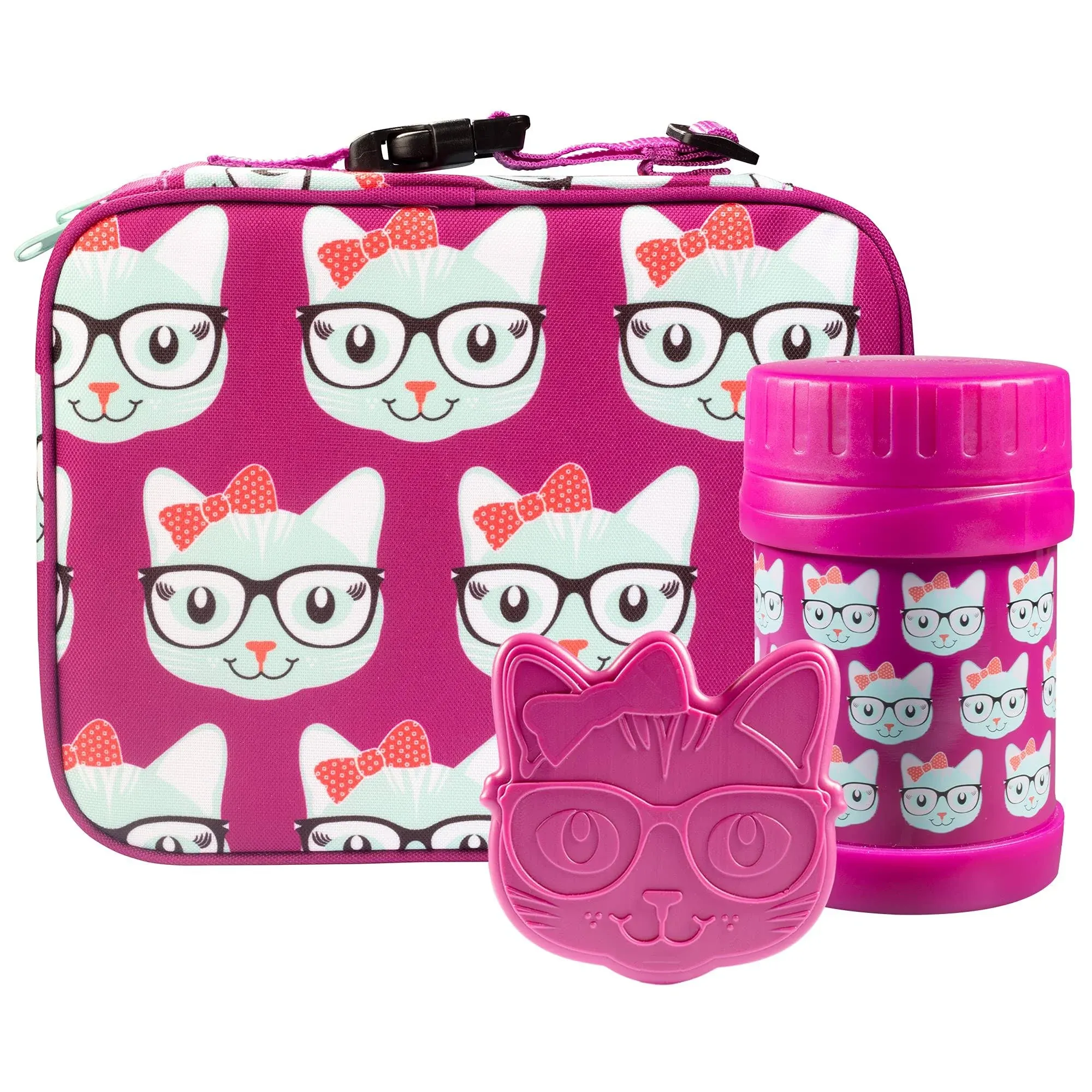 Bentology Kids Lunch Tote Set Kitty Cat Pink & Blue-Includes Reusable Hard Ice Pack & Stainless Steel Food Jar Thermos-Hot or Cold Food for Hours- Perfect Lunchbox Kit for Boys & Girls, Back to School