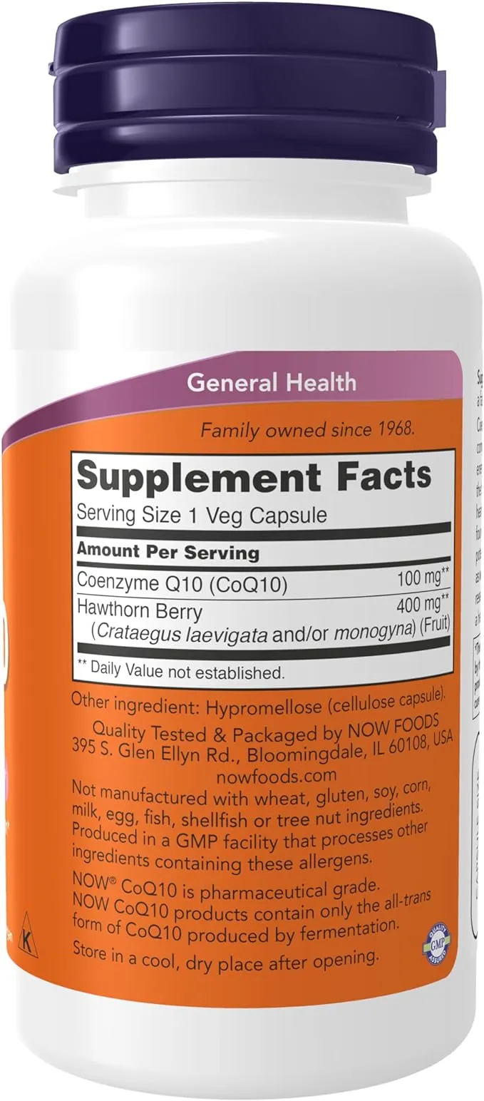 NOW Foods Supplements, CoQ10 100 mg with Hawthorn Berry, Pharmaceutical Grade, All-Trans Form produced by Fermentation, 90 Veg Capsules