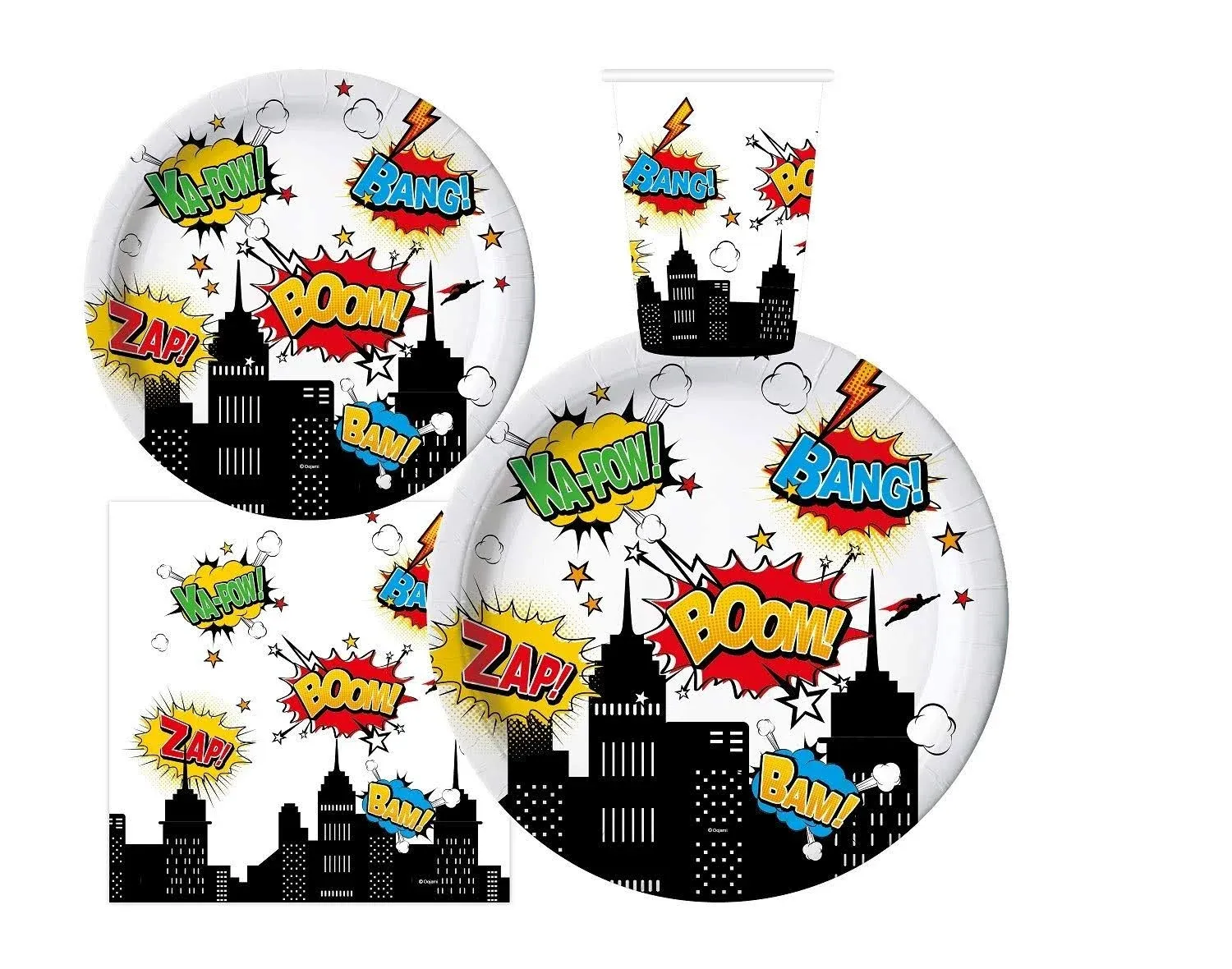 Serves 30 Complete Party Pack Superhero 9" Dinner Paper Plates 7" Dessert Paper Plates 9 oz Cups 3 Ply Napkins Super Hero Party Theme