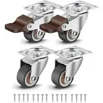 Nefish 4 Pack 1" Small Caster Wheels for Furniture Low Profile Soft Rubber Casters Swivel Plate Castors Rolling Smooth, Load Capacity 100 Lbs for Set of 4 (2 with Brake and 2 Without)