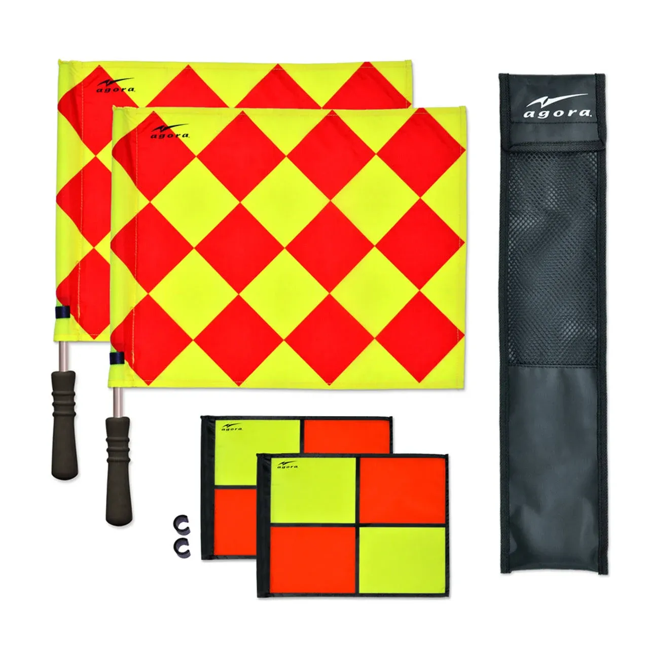 AGORA Pro Line Duo Premium Rotating Soccer Referee Flags - Includes Pair of Diamond Pattern Flags, Extra Pair of Checkered Pattern Flags, Extra Pair of C-Clips, and Protective Case