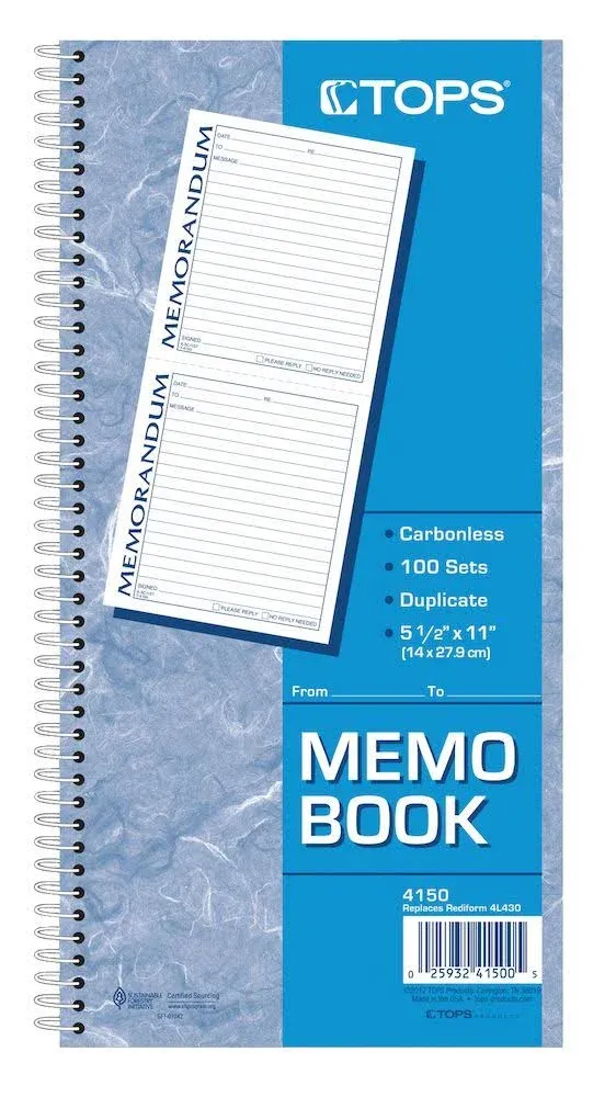 TOPS Memorandum Forms Book, 2-Part, Carbonless, 2 Memos per Page, 100 Sets per Book (4150)