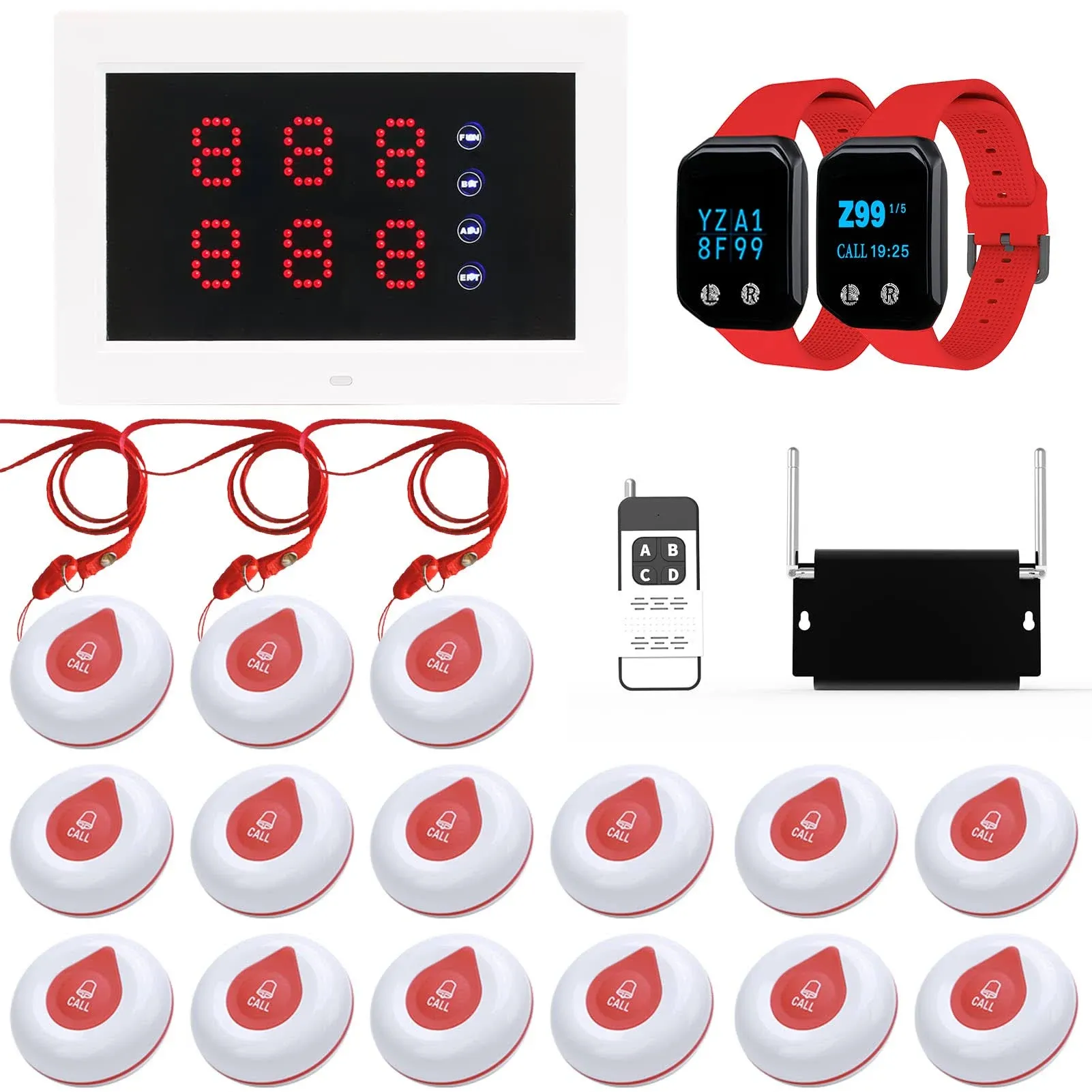 Caregiver Pager System Nurse Calling System 1200+ft Wireless Calling System with 1 Display Receiver/2 Watch Pagers/1 Signal Amplifier/15 Call Buttons for Clinic/Hospital/Nurses Station/Home