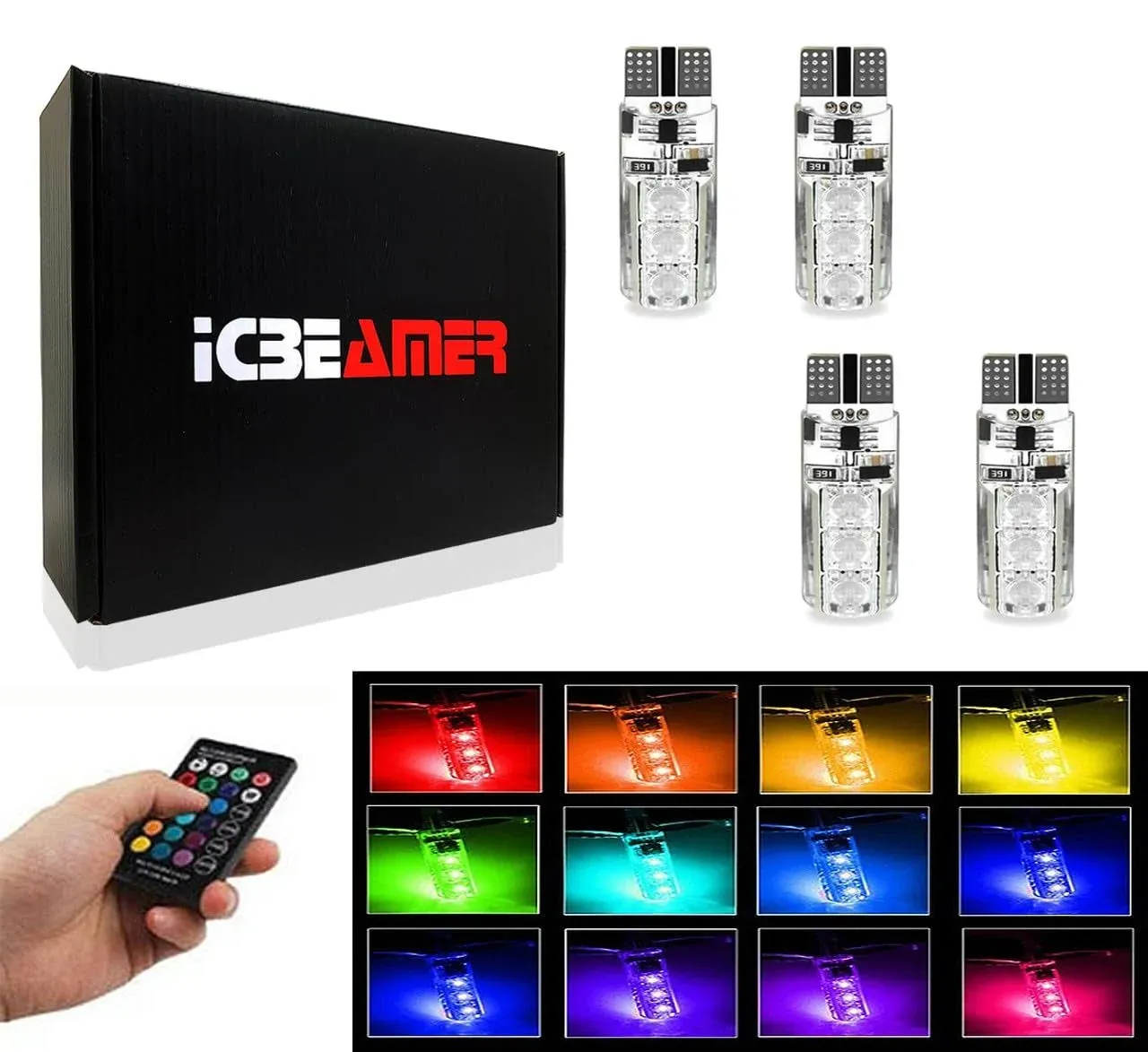 Icbeamer 2 Pack T10 168 194 Car Interior RGB LED Tail Light Bulb W5W Marker Remote Control Dome Wedge License Plate Trunk Light Bulbs