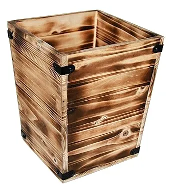 Owlgift Decorative Rustic Burnt Wood Trash Can Farmhouse Stylish Wooden Waste Basket Near Desk Square Garbage Cans Trashcan Wi