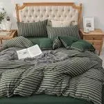 Pure Era T-Shirt Cotton Jersey Knit Duvet Cover Set - Striped - Forest Green / Twin/ 100% T-Shirt Cotton Super Soft Comfy 2pc Bedding Set with Zipper Closure