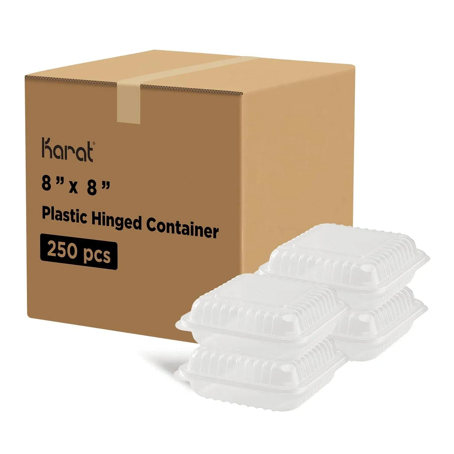 Hinged Container, 8'' x 8" PP Plastic, Clear - 250 pcs