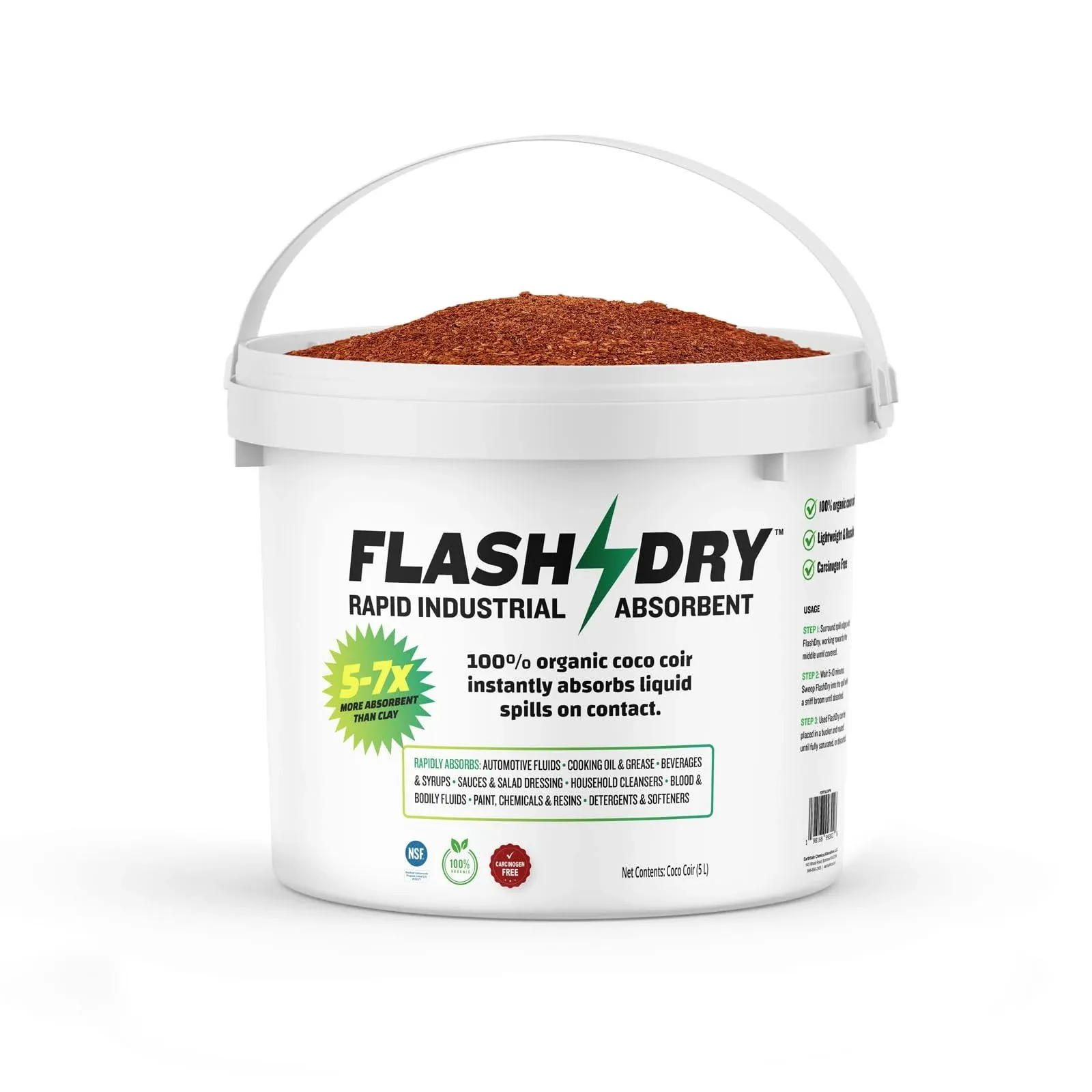 FlashDry Super Spill Absorbent, 5L Bucket with Dispenser Lid, 100% Organic Coco Coir, Landfill Safe, OSHA Approved, Ideal for Absorbing Oil, Paint, Grease in Garages, Kitchens, Janitor Kits