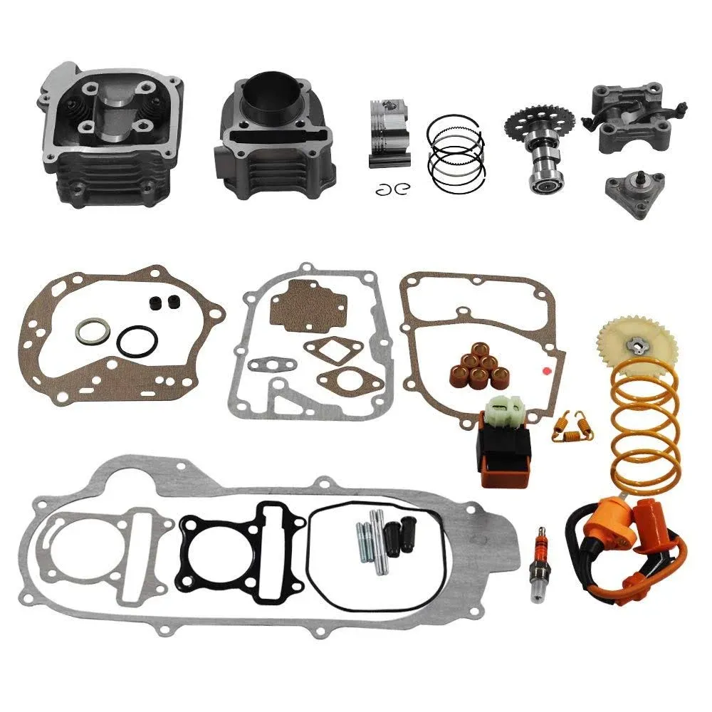 GY6 Cylinder Rebuild Kits Kymlaa 100cc Big Bore Kit for 69mm Valve 49CC 50CC 139QMB Moped Scooter Engine 50mm Bore Upgrade Set with 6pin Racing CDI Ignition Coil Performance Spark Plug Clutch Spring