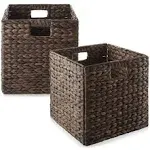 Casafield 12 inch x 12 inch Water Hyacinth Storage Baskets, Espresso - Set of 2 Collapsible Cube Organizers, Woven Bins for Bathroom, Bedroom, Laundry