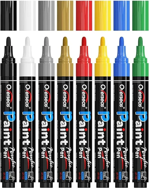 Paint Marker Pens - 8 Colors Permanent Acrylic Markers, Medium Tip, Water Based, Quick Dry, Waterproof Assorted Colors Paint Pen Set for Rock, Wood, Plastic, Metal, Canvas, Glass, Fabric, Mug