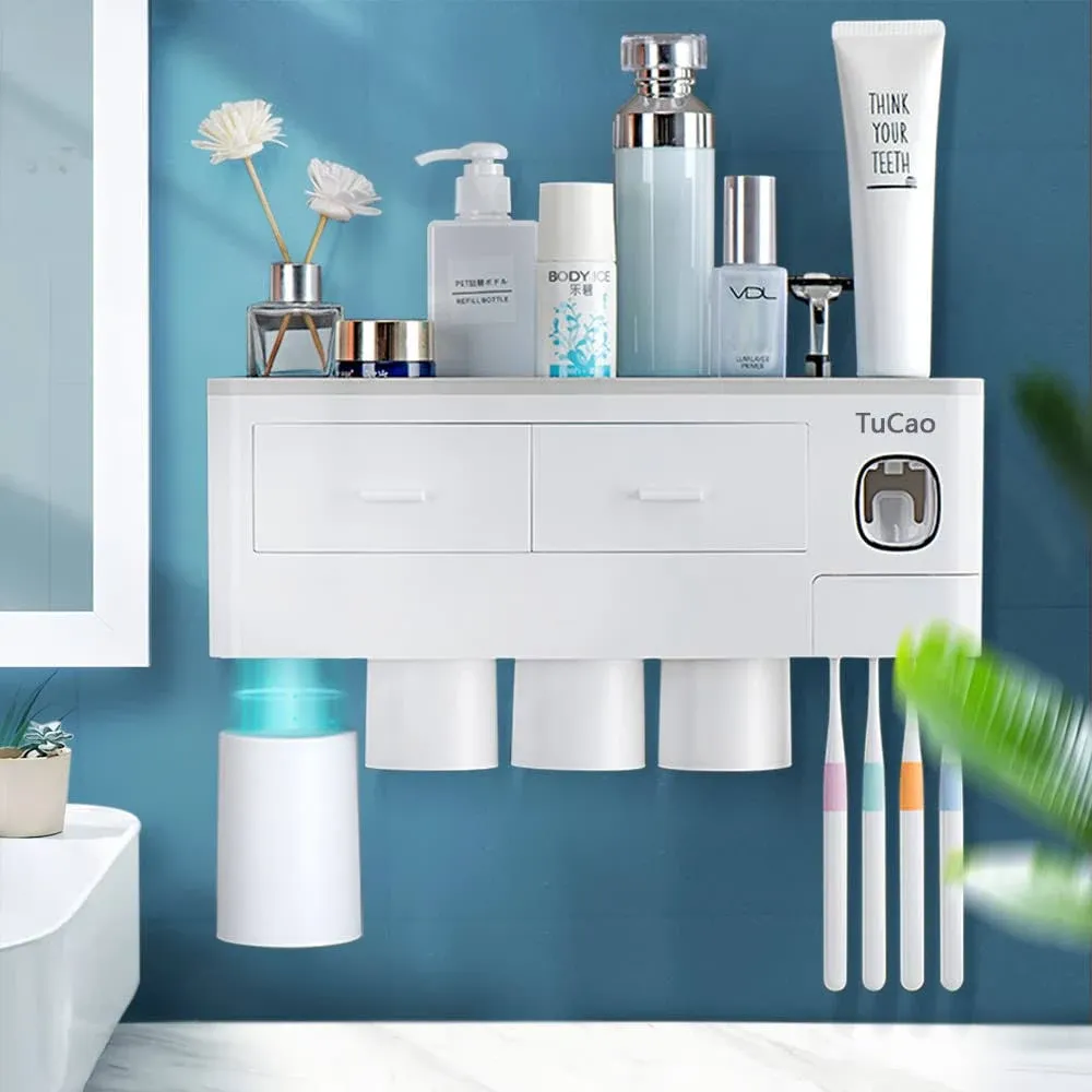 TuCao Toothbrush Holder Wall Mounted with Automatic Toothpaste Dispenser Squeezer Kit, 7 Toothbrush Slot with Cover, 4 Magnetic Cups and Cosmetic