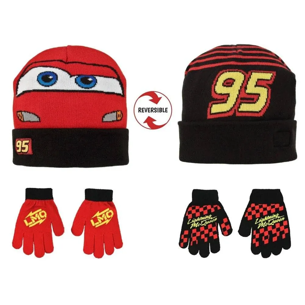 Disney Cars Lightning McQueen Winter Hat 2 Pair Mittens or Gloves (Toddler/Little Boys)