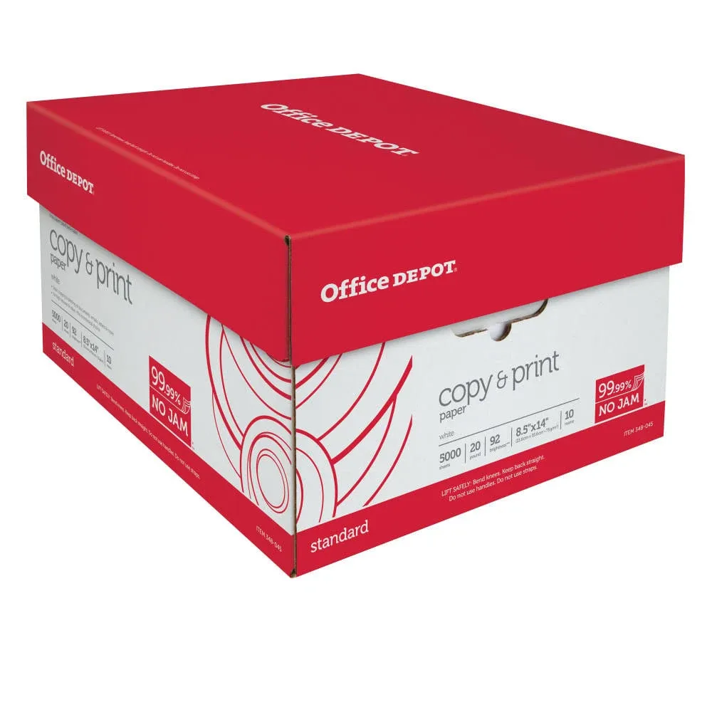 Office Depot Copy Print Paper, Legal size, 20 lb, 500 Sheets per Ream, Case of 10 Reams, 063224, White