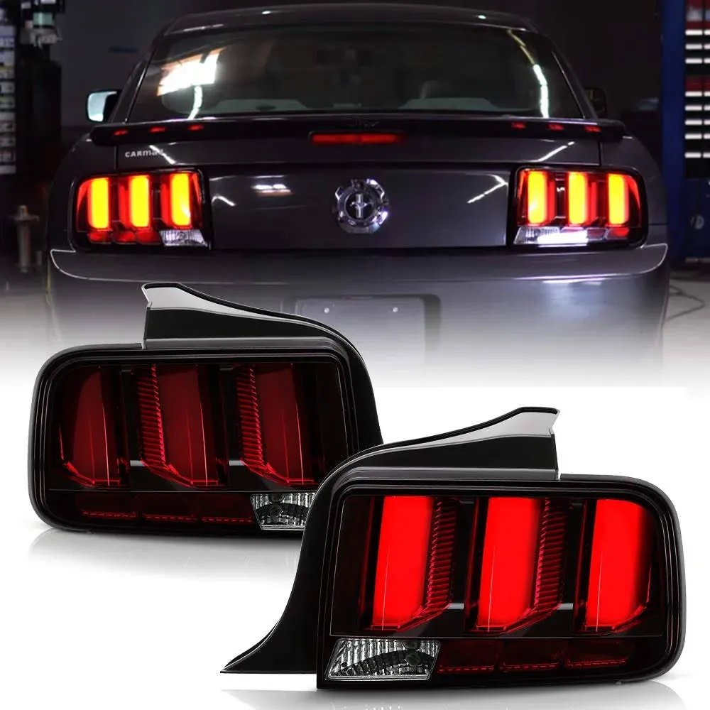 ACANII -For 2005-2009 Ford Mustang Black Housing w/Red LED Tube Sequential Signal Rear Tail Lights Brake Lamps Assembly