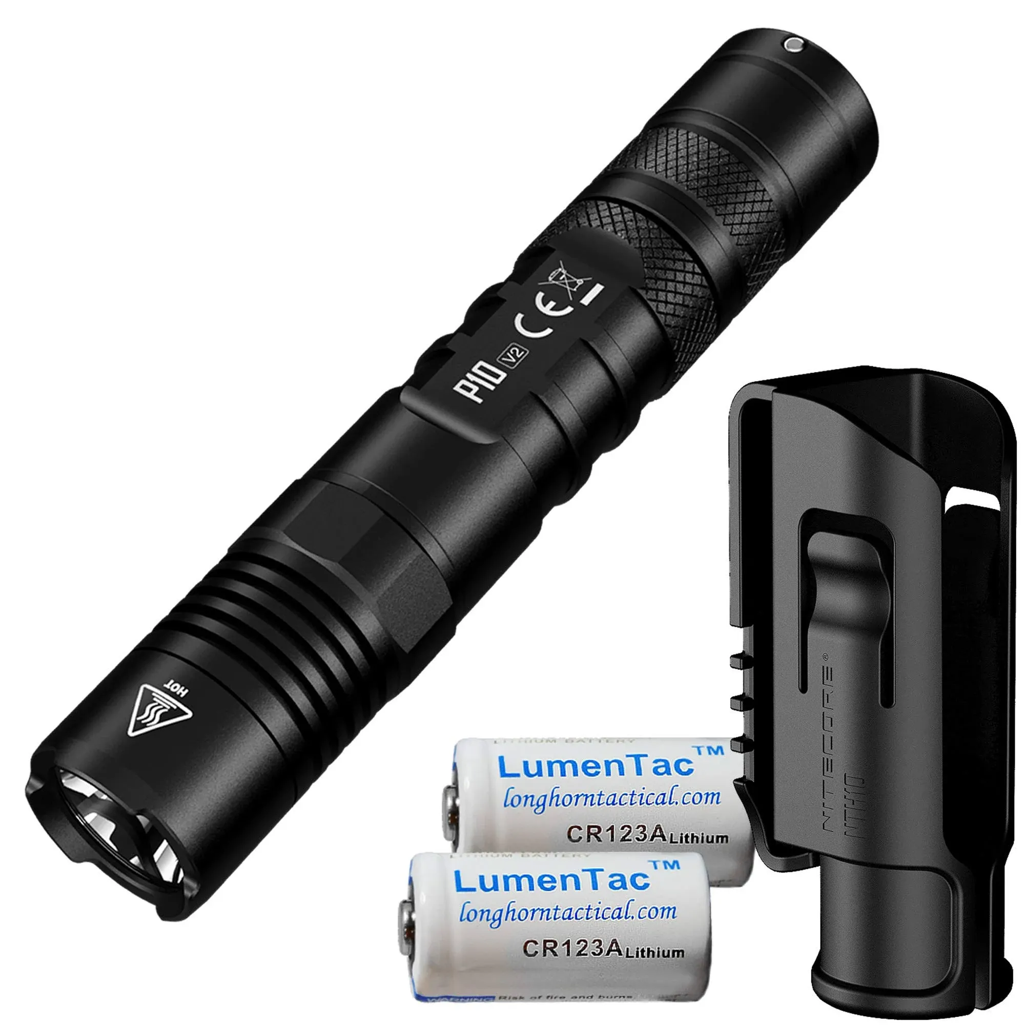 Nitecore P10 V2 1100 Lumen Tactical Flashlight with Hard Holster and Two LumenTac Batteries