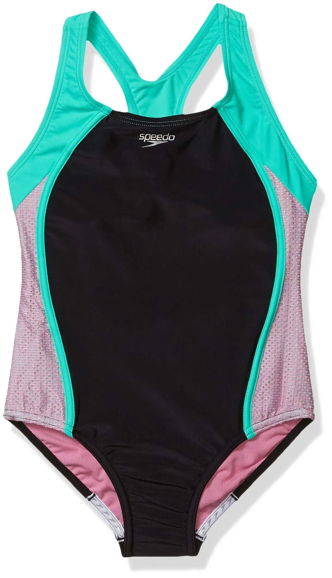 Speedo Girls Swimsuit One Piece Mesh Splice Thick Strap,Fuchsia Pink,8