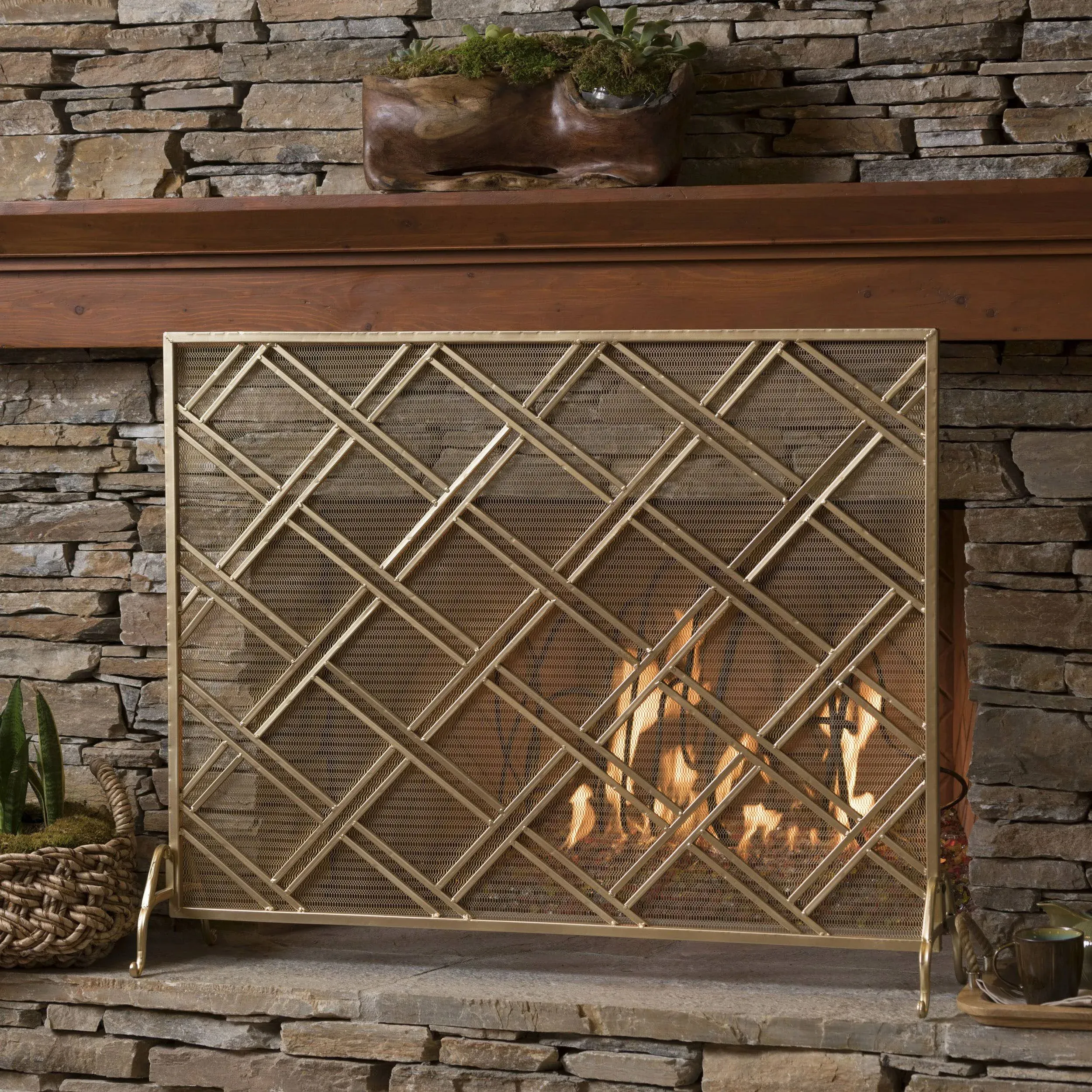 Jalama Single Panel Gold Iron Fireplace Screen