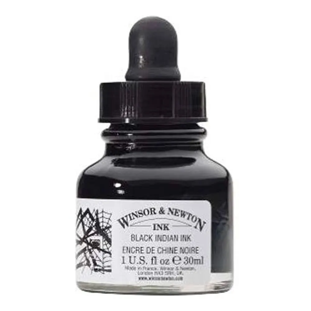 Winsor & Newton Bottle Water Resistant Drawing Ink with Dropper, 30 ml - Black