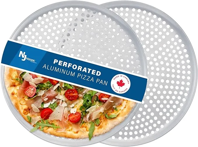 Norjac Pizza Pan with Holes 14 inch, 2 Pack, Perforated, Sturdy, Rust Free, Pure Aluminum, Made in Canada.