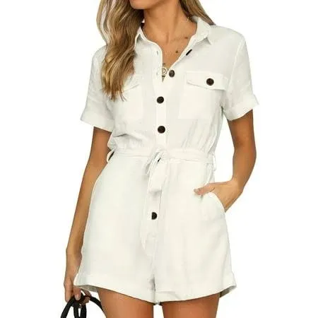 GRAPENT Women's Summer Short Sleeve Button Down Pockets Belted Jumpsuits Rompers