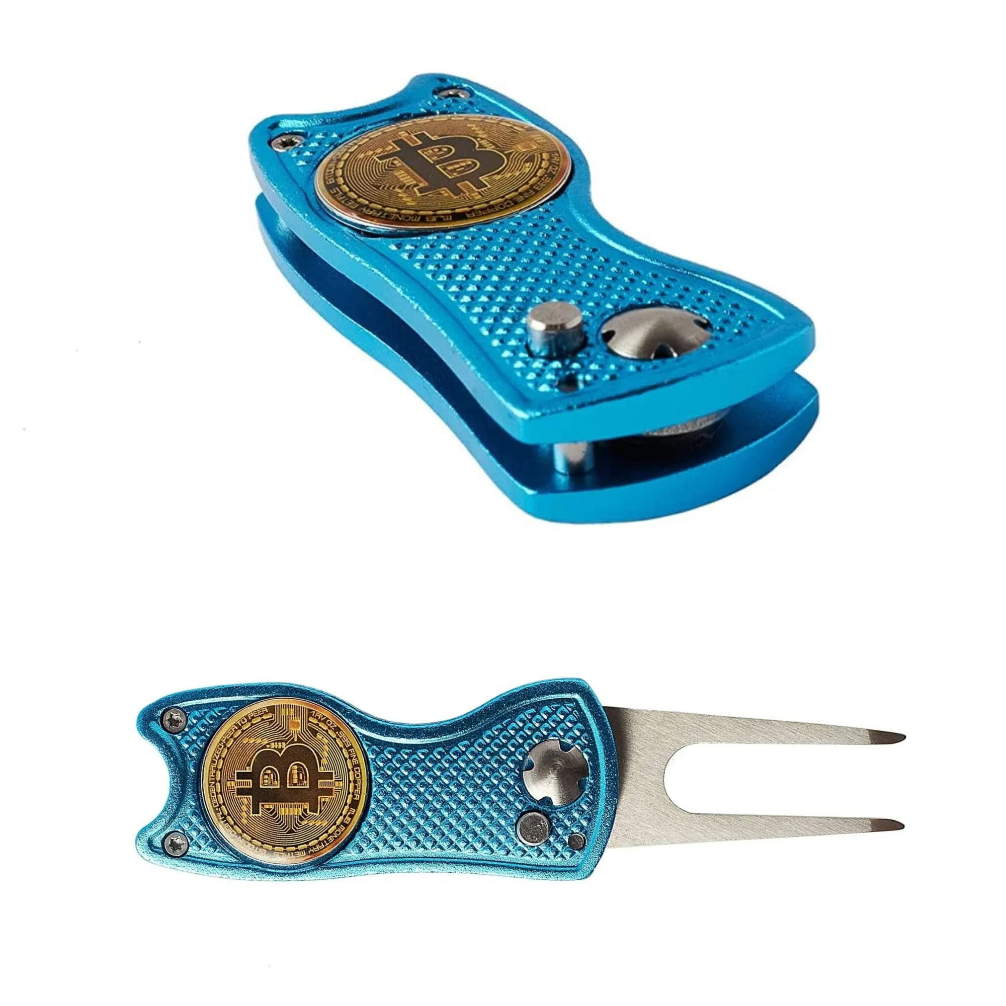 Bitcoin Golf Divot Repair Tool, All-Metal Golf Accessories - 3- in-1 Golf Multitool (Divot Tool, Ball Marker, Club Holder) | Foldable with with Pop-up Button & Magnetic Ball Marker