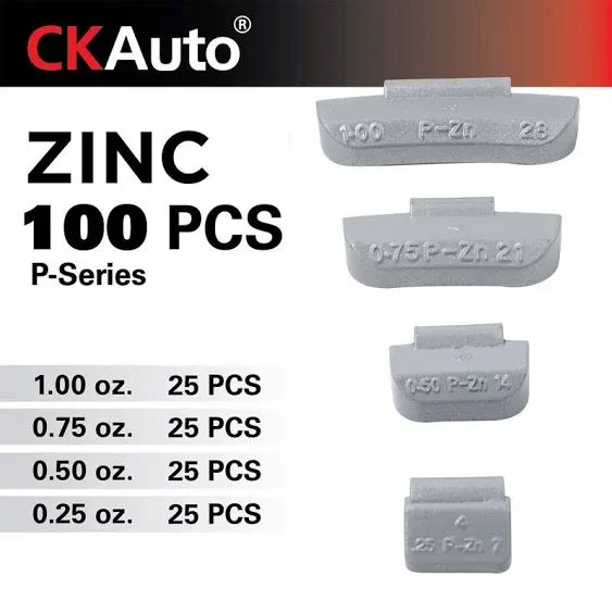 CKAuto 100Pcs P Series Zinc Clip on Wheel Weights Assortment, 0.25oz, 0.5oz, 0.75oz, 1.0oz, 25pcs for Each Size Fit for Steel Wheel