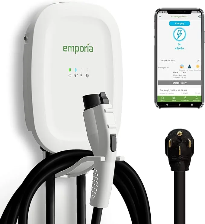 EMPORIA EV Charger Level 2, 48 amp Indoor/Outdoor Electric Car Charger, NEMA 14-50 EV Charger Plug or Hardwired, UL/Energy Star WiFi Enabled EVSE Level 2 Charger, 24ft Cable - 240v Level 2 EV Charger