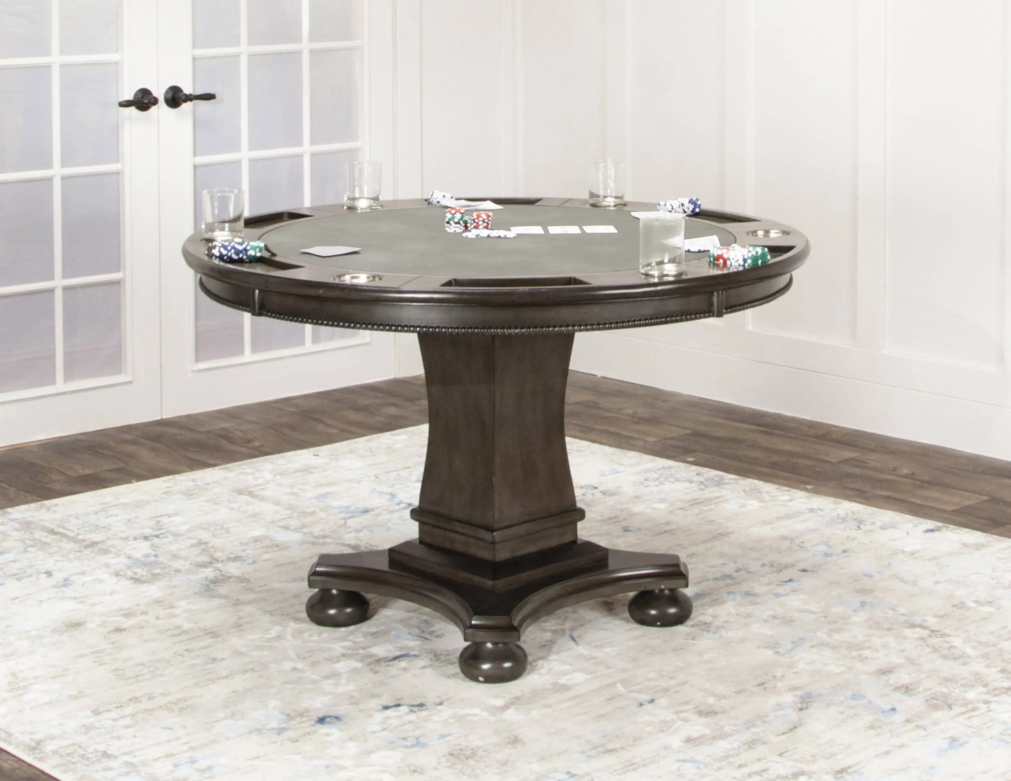 Sunset Trading 48" Round Vegas Dining and Poker Table | Reversible Game Top | Gray Wood