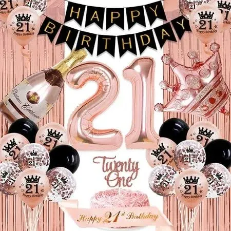 21st Birthday Decorations for Her Black Rose Gold Happy 21st Birthday Decorations Sash Banner for Her 21 Birthday Rose Gold Foil Balloons Twenty One Cake Topper Rose Gold Fringe Curtains