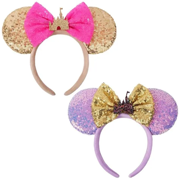 Mouse Ears Headbands 2 PCS Castle Mouse Ears for Women Girls Shiny Bow Headba...