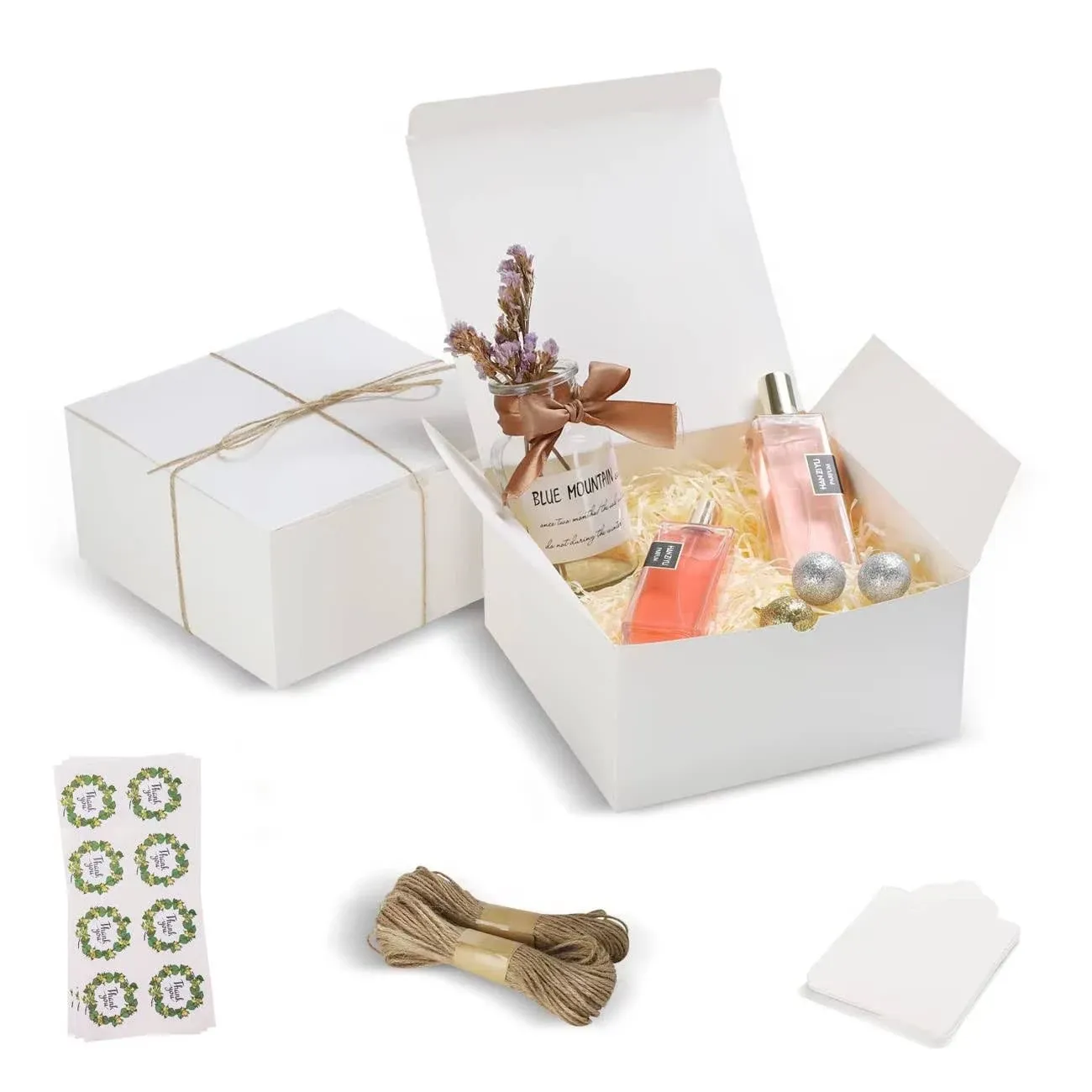 White Gift Boxes 8x8x4 Inches 10 Pack, Paper Gift Boxes for Bridesmaid Proposal, Birthday, Party, Christmas, Wedding, Crafting Boxes, With Thank You Sticker & Twine & Hangtag