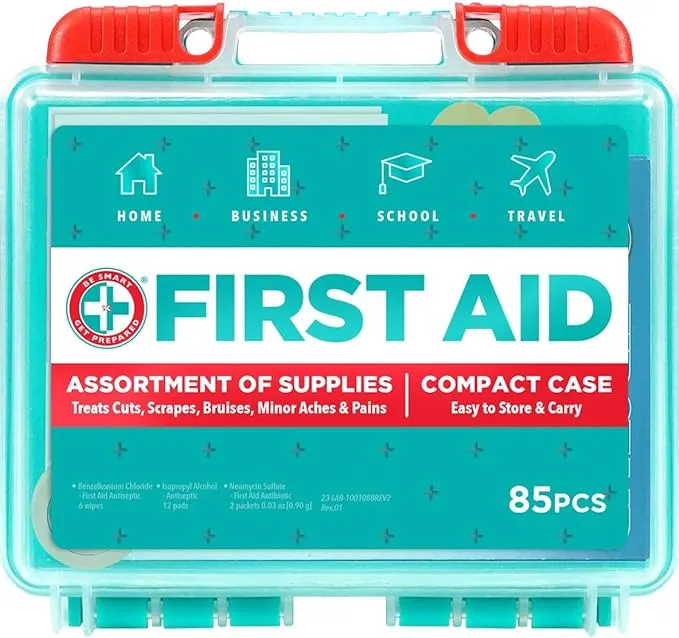 Be Smart Get Prepared 85 Piece First Aid Kit In Durable Plastic Case, Compact,