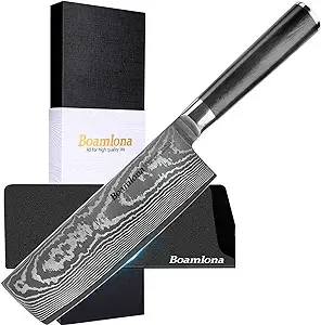 BOAMLONA Nakiri Knife 7-inch Asian Usuba Vegetable Cleaver Knife Japanese VG10 Steel Core Damascus Blade Multipurpose Kitchen Knife/w Sheath