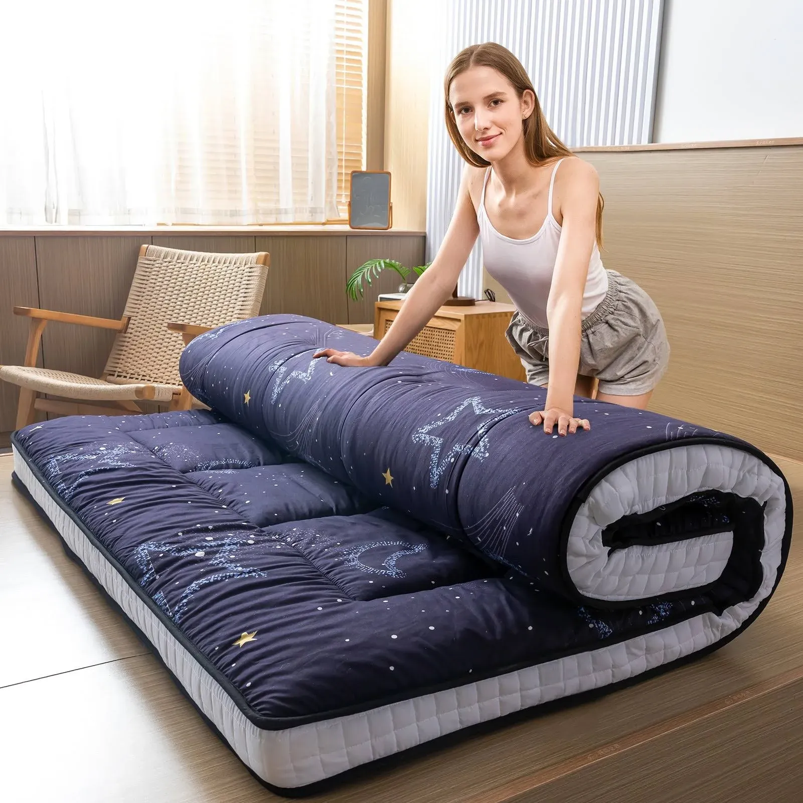 MAXYOYO Padded Japanese Futon Mattress,Printed Floor Mattress for Camping Couch, Twin / Moon and Star